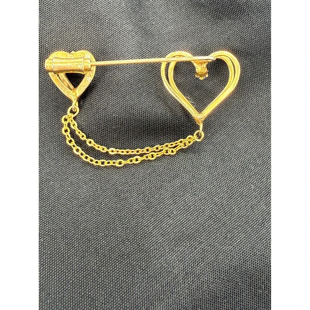Vintage Gold Tone Double Heart Brooch Rhinestone Accents and Double Chain Gift